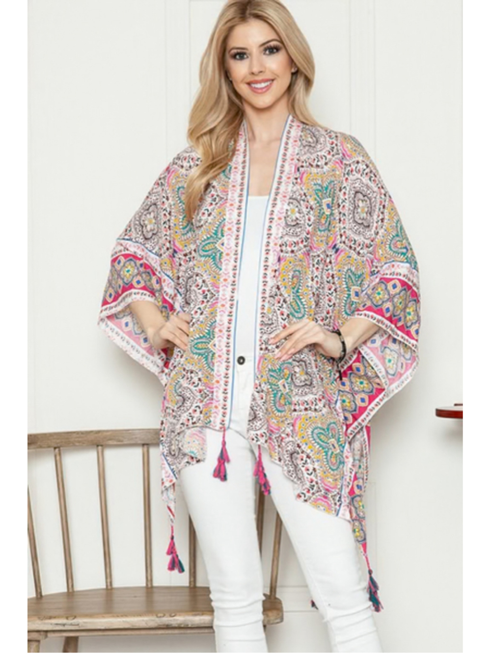 🇺🇸 Women's Unbranded Paisley Tassel Kimono Coverup One Size White Pink - Picture 5 of 6